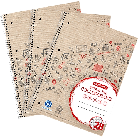 Drie spiraalblokken met een bruine omslag van gerecycled papier en prints van wetenschappelijke symbolen.