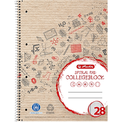 Spiraalschrift van bruin gerecycled papier met wetenschappelijke symbolen en rood Herlitz-logo.