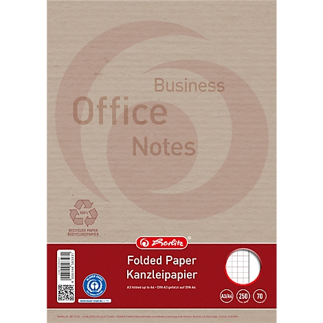 Herlitz kantoorpapier verpakking op bruin gerecycled papier met rood infogedeelte.