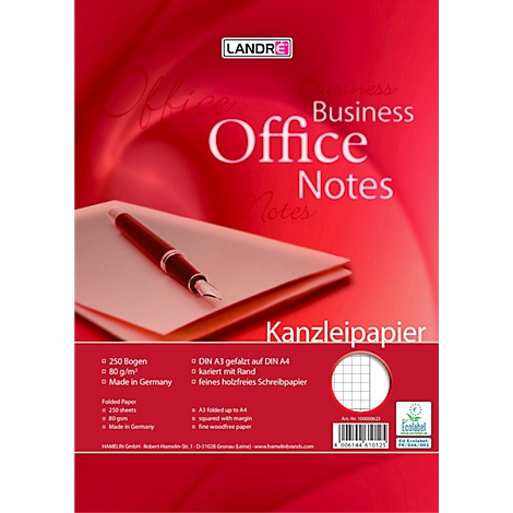 Notizblock mit Schriftzug 'Business Office Notes', Stift liegt auf den Blättern, roter Hintergrund.