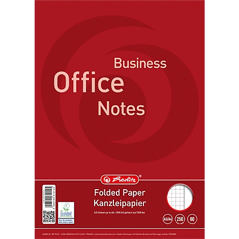 Emballage rouge de papier Herlitz Office Notes, format DIN A3 plié en DIN A4.