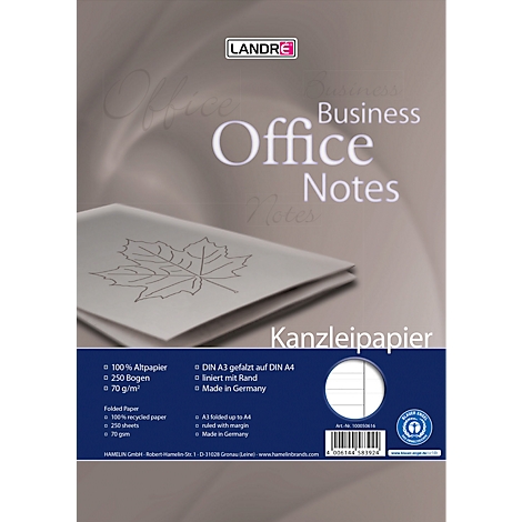 Kanzleipapier-Packung mit dem Label "LANDRE Office Notes". Das Papier ist gefaltet und mit Linien versehen, Details sind auf der Verpackung abgedruckt.