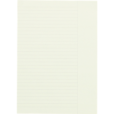 Hellgelbes liniertes Notizbuch mit vertikalem, unliniertem Rand. Linien verlaufen horizontal über die Seite.