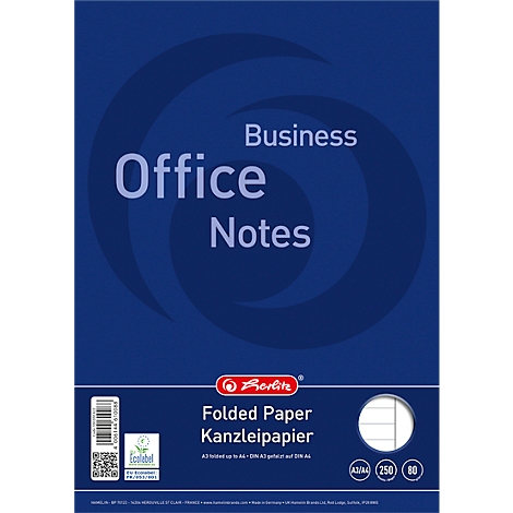 Blauwe verpakking van Herlitz kantoorpapier met het opschrift Business Office Notes.