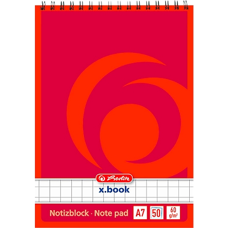 Rood A7 notitieblok met spiraalbinding en Herlitz logo.