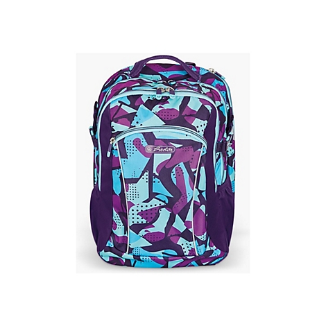 Schulrucksack in Lila und Hellblau mit geometrischem Camouflage-Muster und Herlitz-Logo.