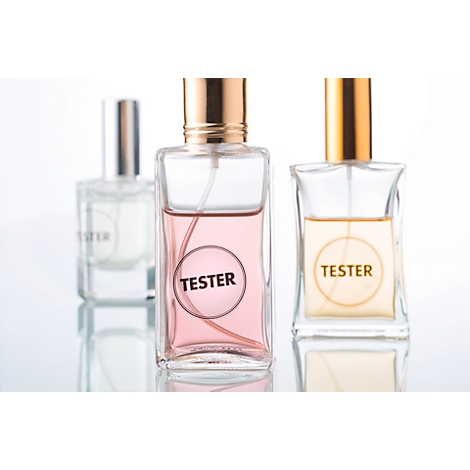 24 autocollants ronds sont présentés sur papier blanc. A côté, un paquet d'étiquettes. Sur l'étiquette d'un flacon de parfum, on peut lire "TESTER".