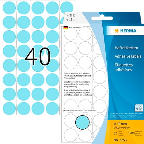 Package of blue, round adhesive labels. "HERMA" and product information are visible on the right.