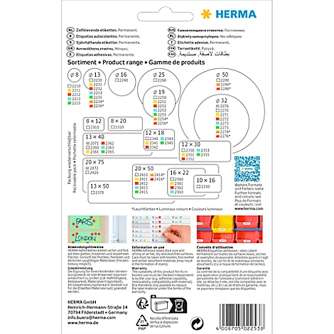 Back of a HERMA label pack. Various sizes and colors are displayed, with text information and examples of use.
