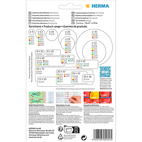 Back of label packaging with size specifications, text, and the Herma logo. Illustrations of various label formats and color codes.