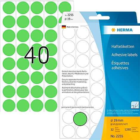 Green round adhesive labels on sheets and packaging with the number "40" in black.