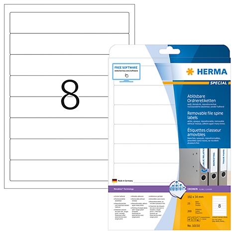 Package of white file spine labels and stickers. Labels with the number 8.