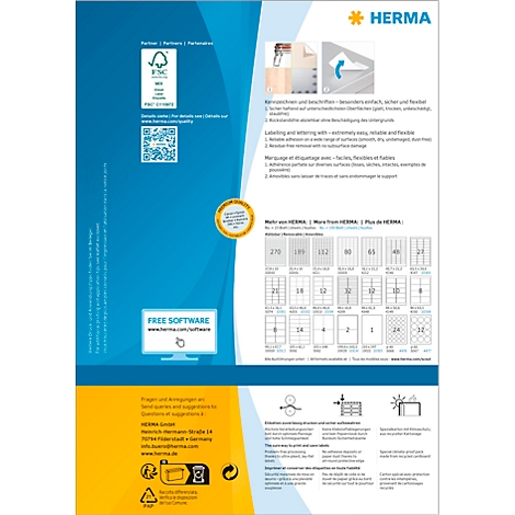 Flyer bleu avec informations sur le produit, présentations d'étiquettes, logos et texte.