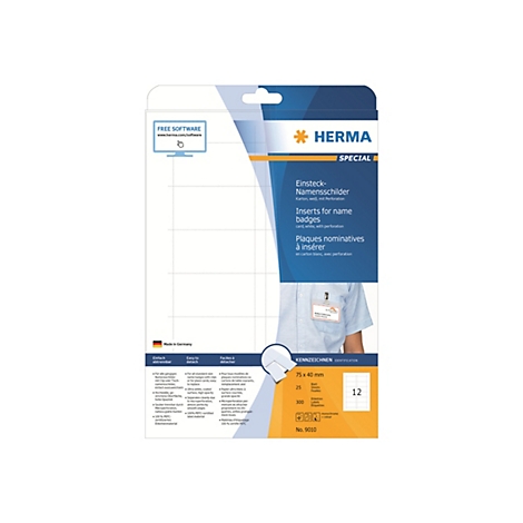 Herma Namensschild-Einleger, A4-Bogen, weißer Karton mit Perforation, 300 Stück, 75x40 mm.