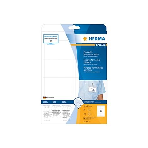 Herma Verpackung für Einsteck-Namensschilder aus weißem Karton, mit Anwendungsbeispiel und Produktinformationen.