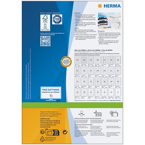 Blatt mit HERMA-Etiketten. Produktinformationen, Logos, Tabellen mit Etikettenmaßen.