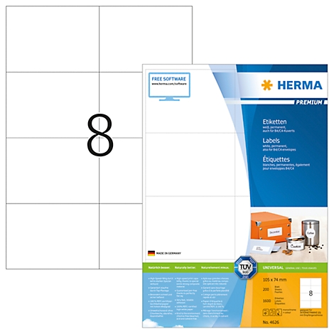 Zwei Blätter Etiketten, eines mit der Zahl 8, das andere mit Produktinfo. Marke: Herma.