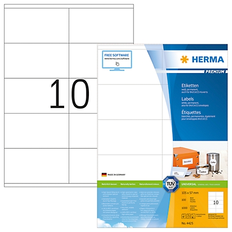 Zwei Blätter weißer Aufkleber mit schwarzen Linien, daneben eine Packung Aufkleber. Schriftzug: HERMA PREMIUM, Etiketten, Labels, Etiquettes.