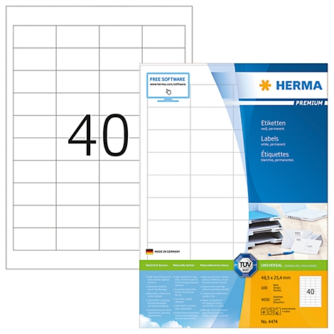 Ein Bogen Etiketten mit der Aufschrift 40. Rechts daneben die Verpackung mit Produktdetails.