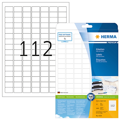 Sheet of labels and packaging with product information. The number 112 and the brand name are printed.
