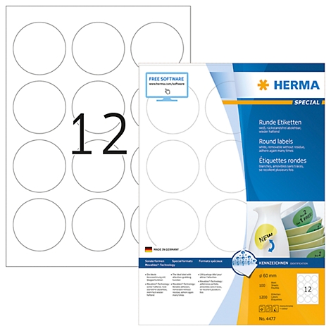Twee vellen ronde etiketten, één met het nummer "12", de andere met informatie en het Herma-logo.