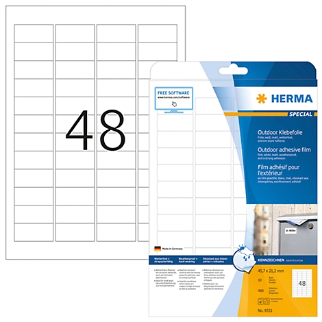 Sheet of 48 labels next to packaging. Packaging: "HERMA", "Outdoor adhesive film", "48".