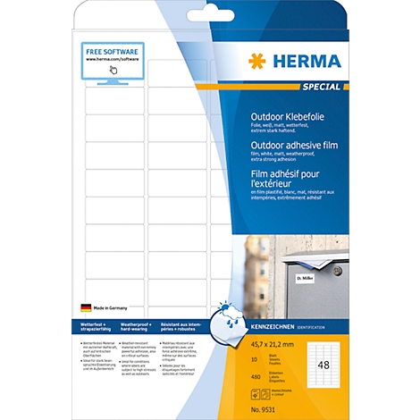 White adhesive labels for outdoor use. Blue and yellow packaging with logo and product information.