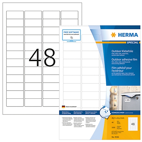 Sheets with 48 labels and product packaging with text: Outdoor adhesive film.