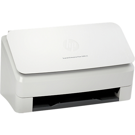Een witte HP-scanner met open deksel, HP-logo en modelnaam.