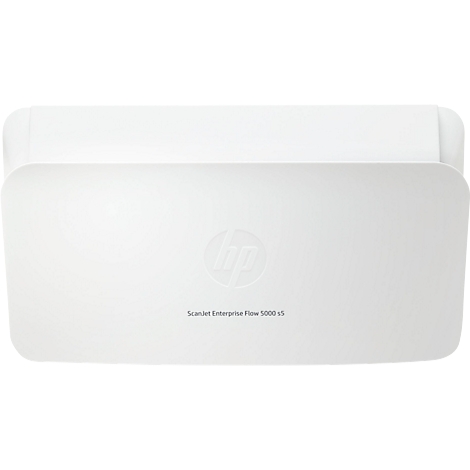 Bovenaanzicht van een witte HP scanner. In het midden het HP-logo, daaronder het opschrift 'Scanjet Enterprise Flow 5000 s5'.