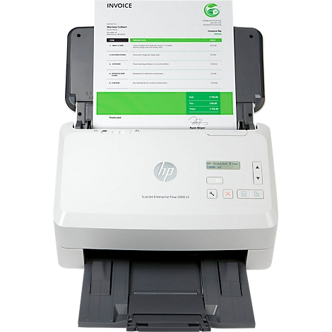 Un scanner HP blanc avec couvercle ouvert, numérisant une facture.