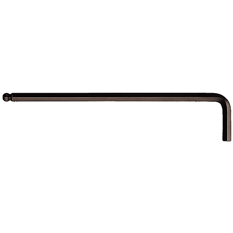A black Allen wrench, bent at a right angle with a ball head.