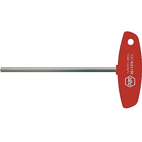 A red T-handle Allen wrench. The handle reads 'Wiha' and technical specifications.