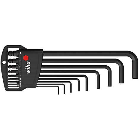 Set of black Allen keys in a holder. The holder has the Wiha logo.