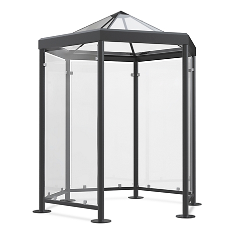 A freestanding, hexagonal gazebo with glass walls and a dark metal frame. The roof is also made of glass and has a pyramidal top.