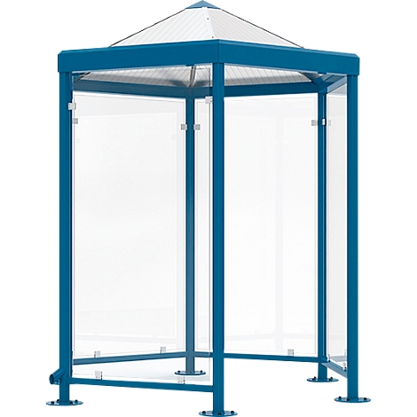 Blue and white bus shelter. Rectangular shape, glazed side walls. Pyramid-shaped roof, clear panes.