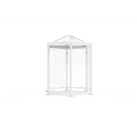 White party tent on a bright background. The tent has a hexagonal shape and transparent side walls.