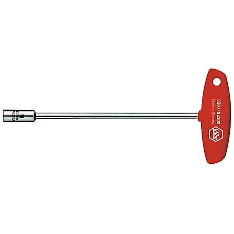 A red T-handle socket wrench. The shaft is silver. "10 chrome vanadium" is written on the head.
