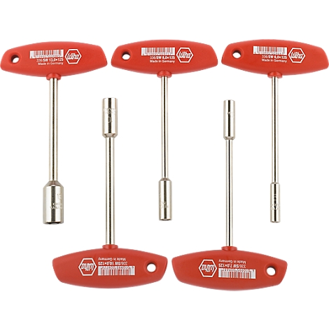 Five red and silver T-handle wrenches, partially overlapping, on a white background.