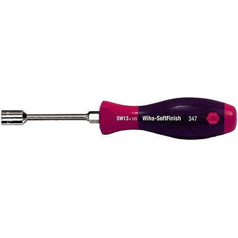 Socket wrench with red and purple handle. The handle reads "Wiha-SoftFinish 347".