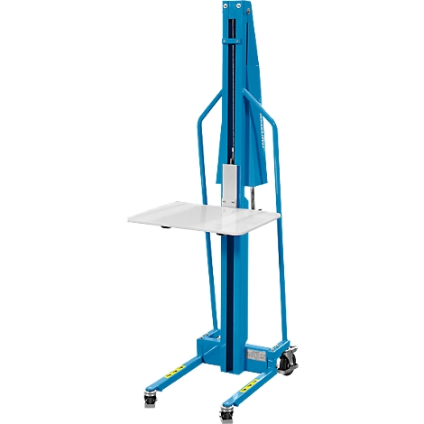 Blue lifter with white platform. Standing on wheels. Details: lettering, yellow warning signs.