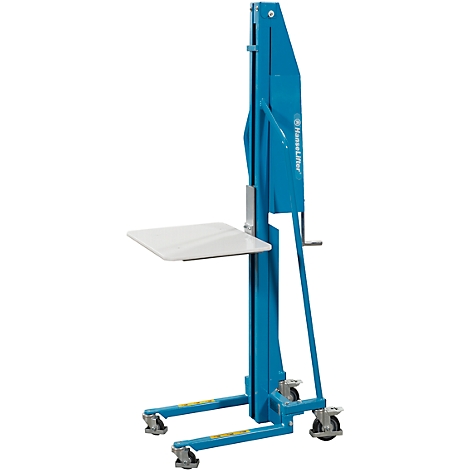 Blue lever lifter with white platform and wheels. Manufacturer's logo.
