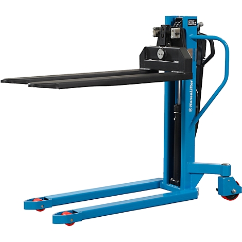 Blue forklift against white background. Black forks stand out. Red rollers. Inscription: HanseLifter.