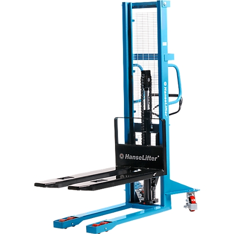Blue hand pallet truck with black forks and the lettering HanseLifter.
