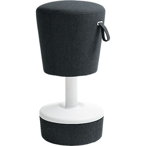 Anthracite stool with white base and handle. The seat is round and upholstered.