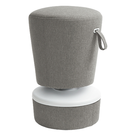 Grey cylindrical stool. The top part is upholstered, the bottom part is white. With a small handle.