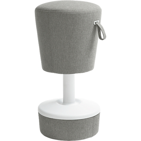 Grey standing stool with white base. A handle is attached to the stool.