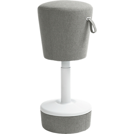 Stool with gray fabric cover, white base and handle.