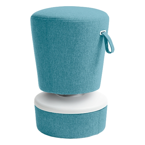 Turquoise and white stool. The upper part is cylindrical and has a handle, the lower part is white.