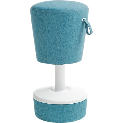 Teal standing stool with white frame and carrying loop.